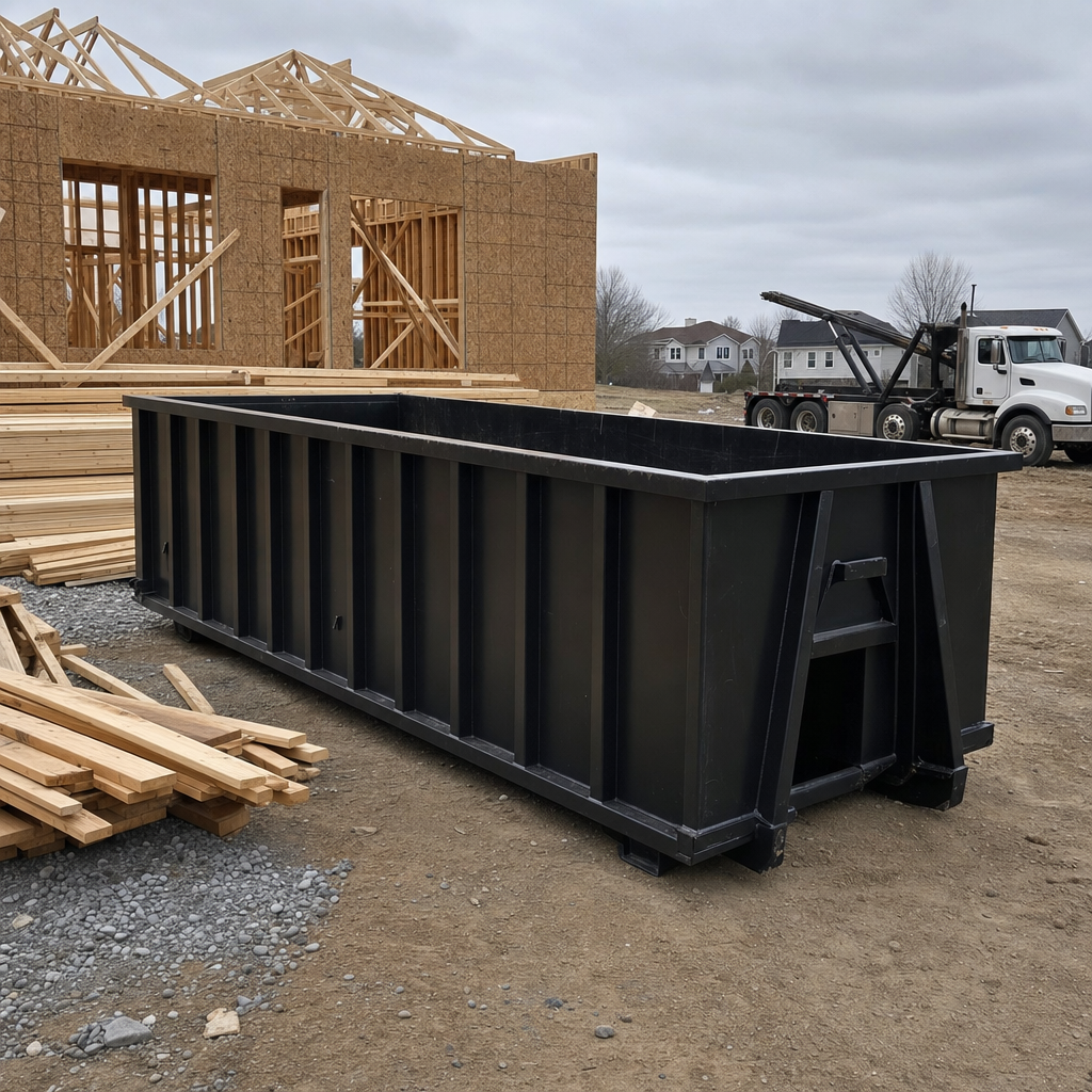 Matte-black 40-yard roll-off dumpster staged on a framed-out residential construction site in Waukegan, framing lumber stacked nearby, hooklift delivery truck visible in the background under bright Colorado daylight