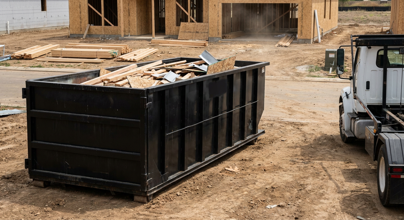 Matte-black 20-yard roll-off construction dumpster with heavy ribbed steel sidewalls and swing rear doors at a working jobsite in Waukegan, sitting directly on compacted dirt with an unmarked white hauler partially visible at the far edge of the frame.