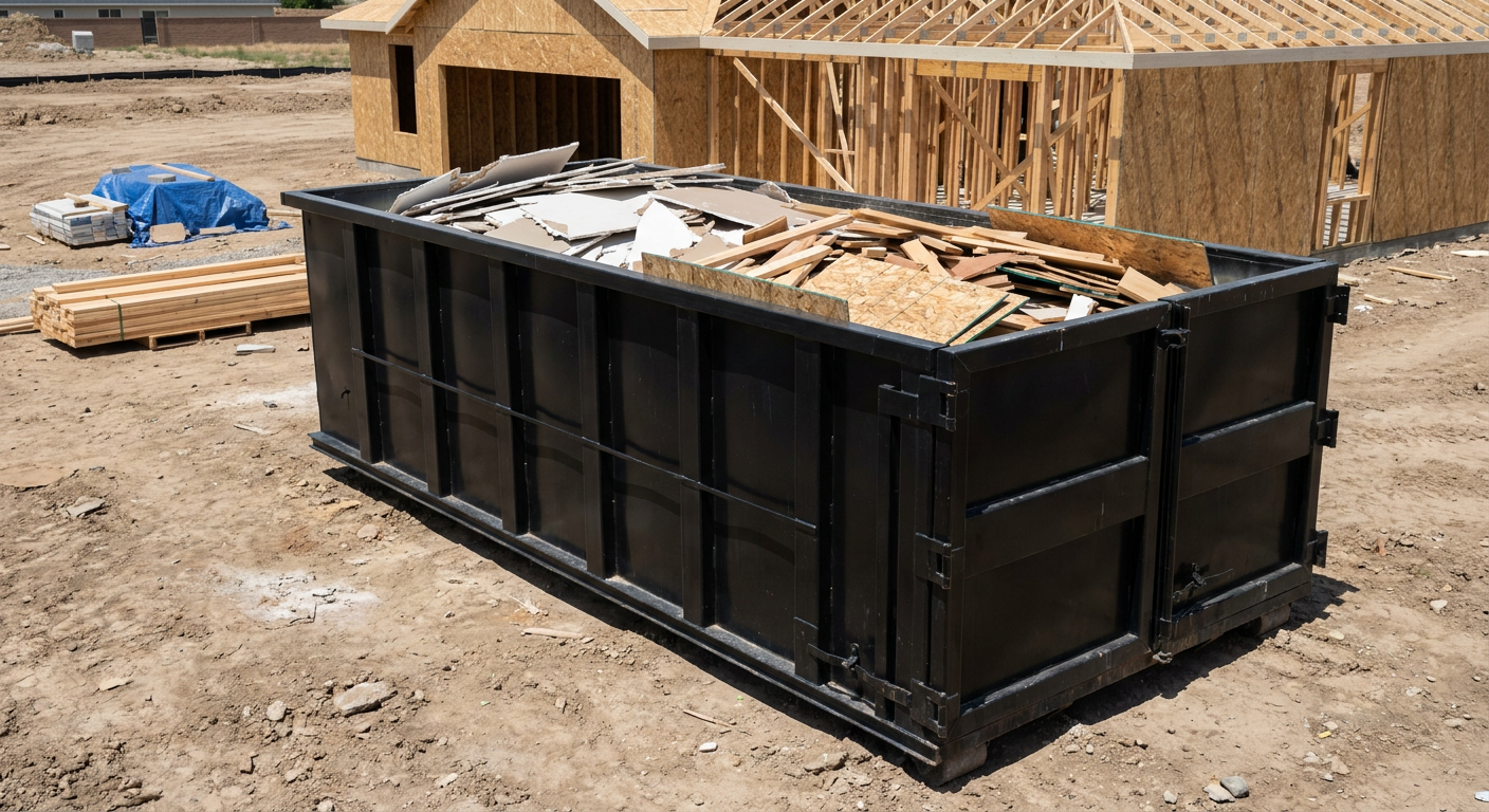 Matte-black 30-yard roll-off construction dumpster sitting directly on the compacted-dirt site of a framed single-family home build in Waukegan, drywall and lumber scrap loaded inside.