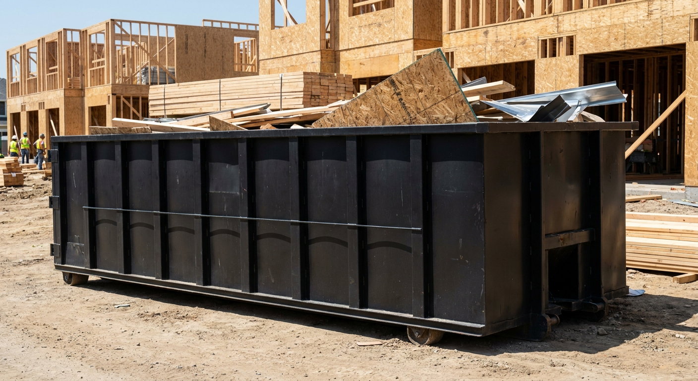 Matte-black 40-yard roll-off construction dumpster being lowered from a white-cab hooklift delivery truck onto the compacted-dirt jobsite at a commercial build site in Waukegan