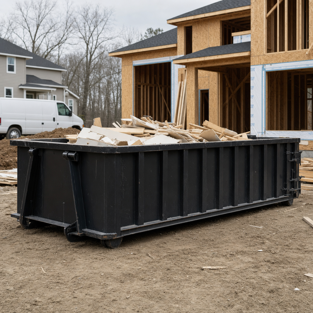Worker in a yellow high-visibility vest tossing framing lumber and broken drywall into a matte-black 30-yard construction roll-off dumpster on an active build site in Waukegan, bright daylight