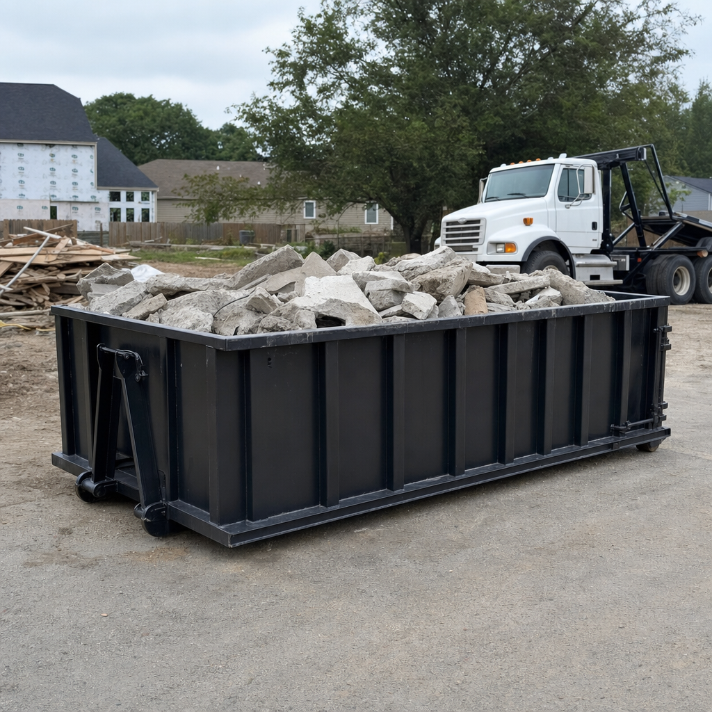 Low-profile matte-black lowboy roll-off dumpster loaded with broken concrete slab and rebar at a foundation tear-out in Waukegan, skid steer parked beside it, sunny Colorado morning
