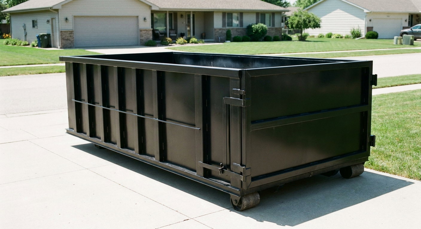 Matte-black 10-yard roll-off dumpster on a residential concrete driveway in Waukegan, uniformly painted matte black across every panel and rail, ribbed steel sidewalls and rear swing door visible, mid-day daylight.