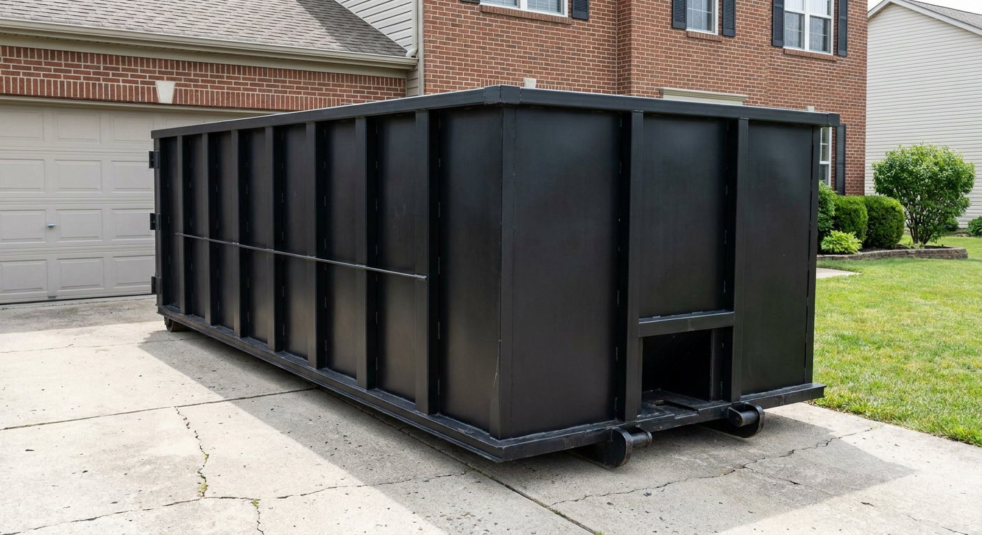 Matte-black 20-yard roll-off container on a Waukegan residential concrete driveway with reinforced ribbed steel sidewalls and a hinged rear walk-in door, clean bright daylight.