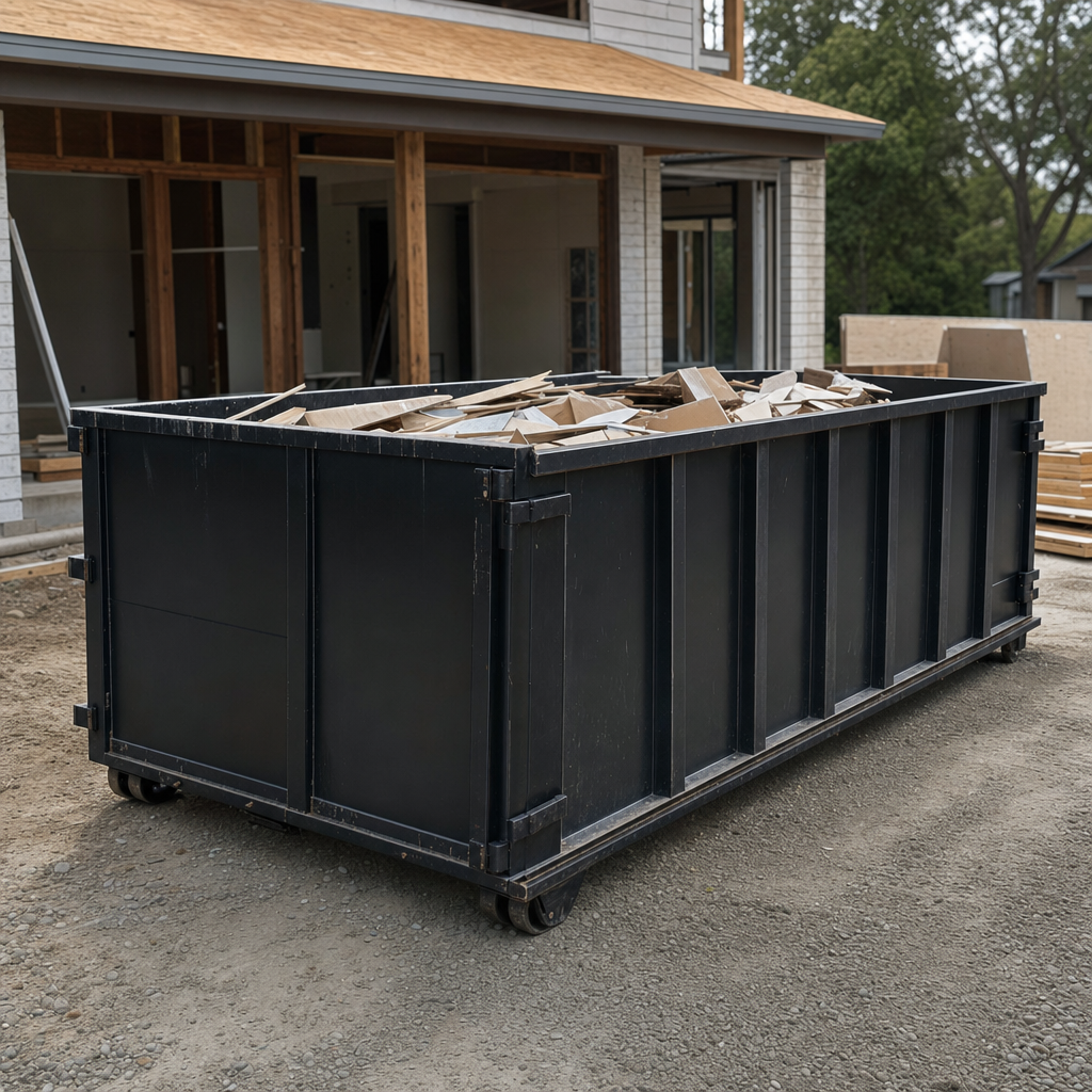 Large matte-black 30-yard construction roll-off dumpster at an active Waukegan jobsite, steel-gray top rails and bottom rollers visible, loaded with construction debris.
