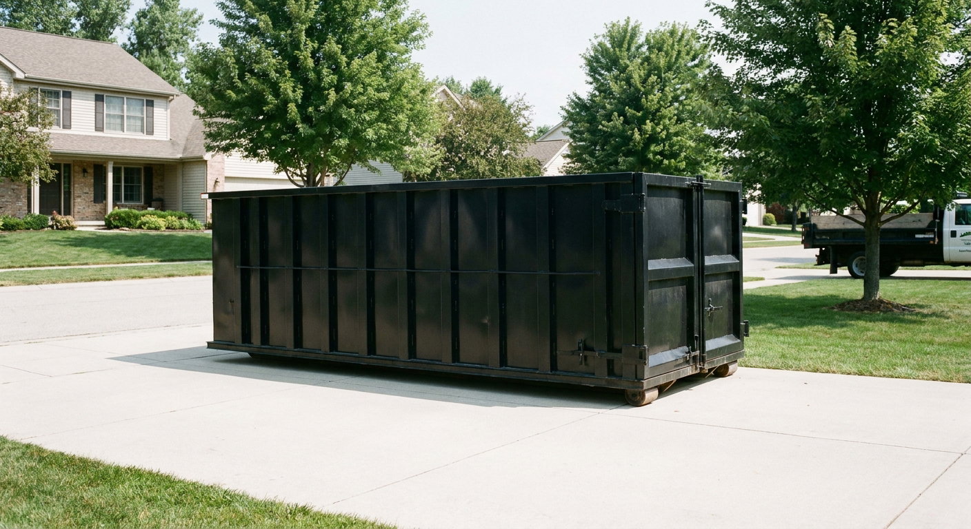 Matte-black 20-yard roll-off dumpster sitting level on a clean Waukegan residential concrete driveway under bright daylight, demonstrating clean placement directly on the concrete.