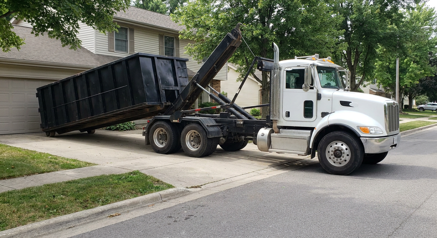 White-cab hooklift roll-off truck actively lowering a matte-black dumpster onto a Waukegan residential concrete driveway, the dumpster's rear wheels touching the driveway as the hoist arm tilts the bed forward, mid-morning daylight.