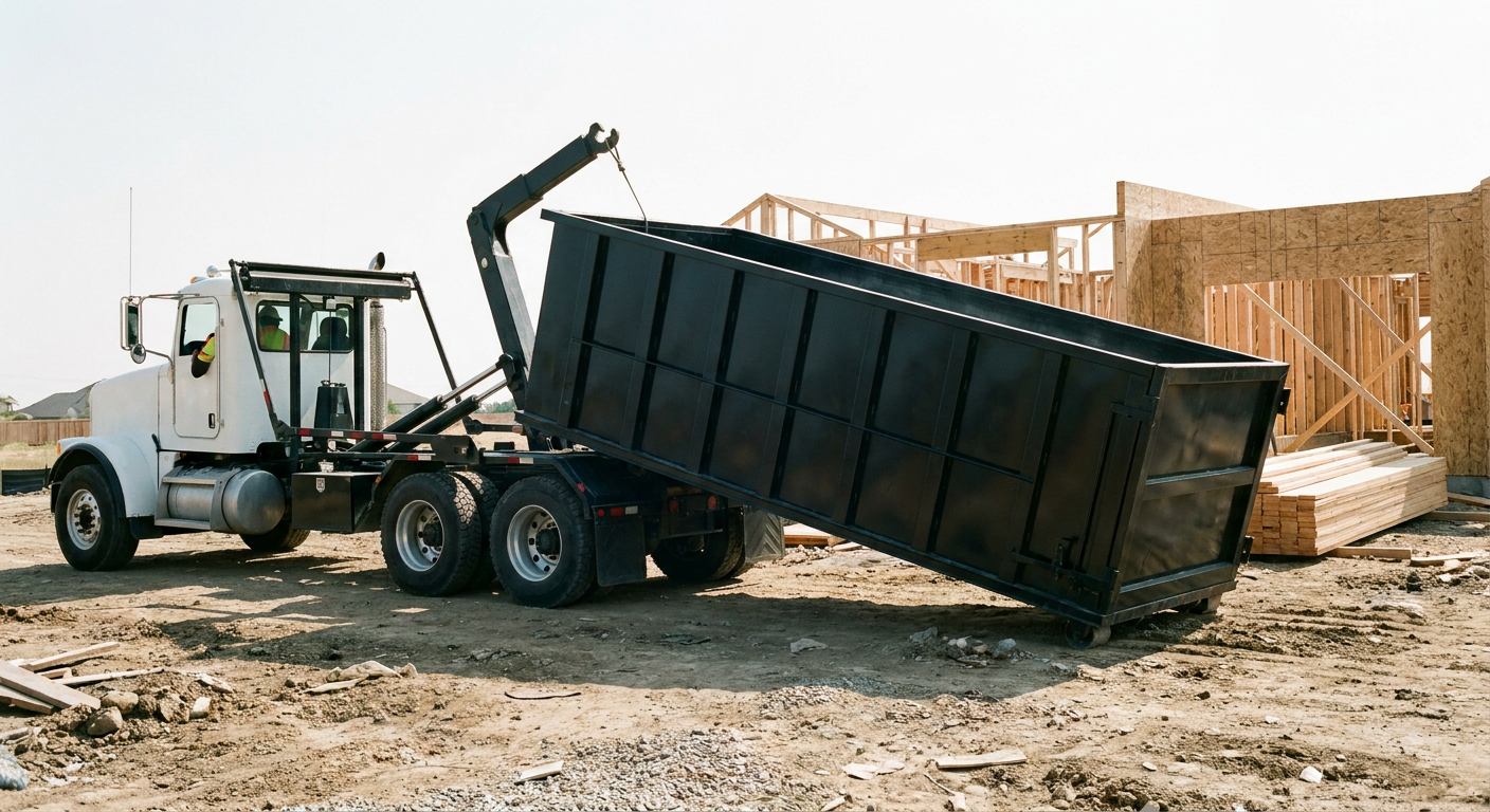 Matte-black roll-off dumpster being delivered onto a clean residential concrete driveway in Waukegan by an unmarked white hooklift hauler truck, bright morning daylight, documentary 35mm perspective.