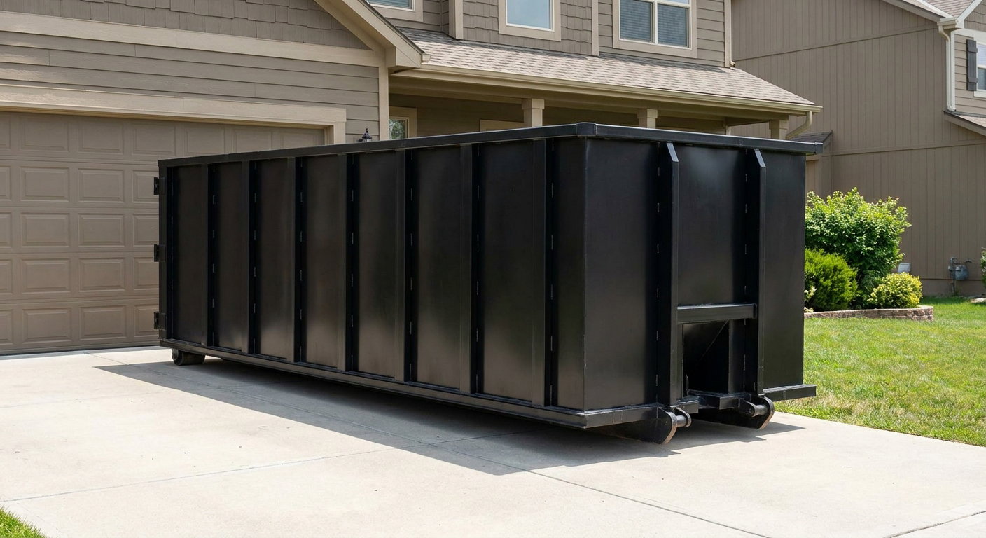 Matte-black residential roll-off dumpster sitting directly on a suburban Waukegan concrete driveway, garage door closed, single-family home in background, bright morning daylight.