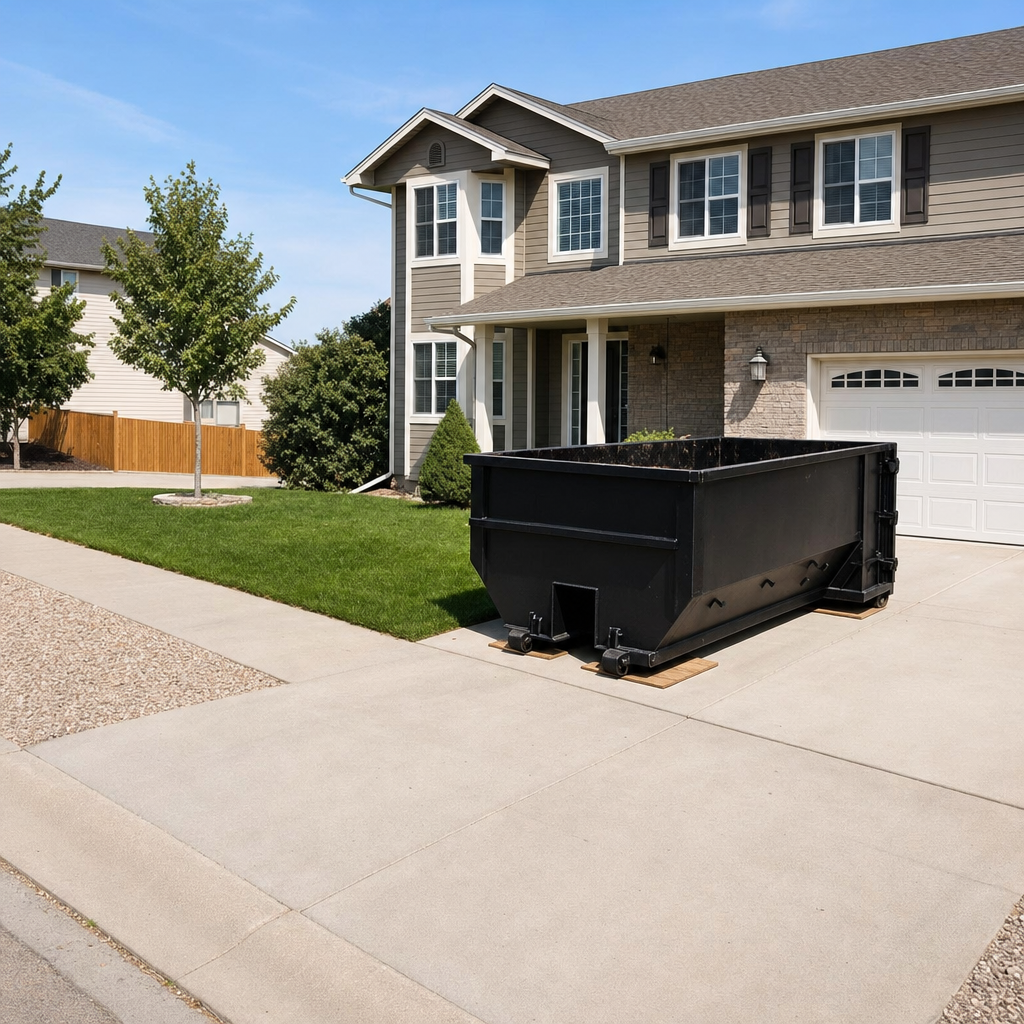 10-yard matte-black residential dumpster placed directly on a narrow Waukegan concrete driveway, room remains for a parked sedan beside it, mid-morning natural light