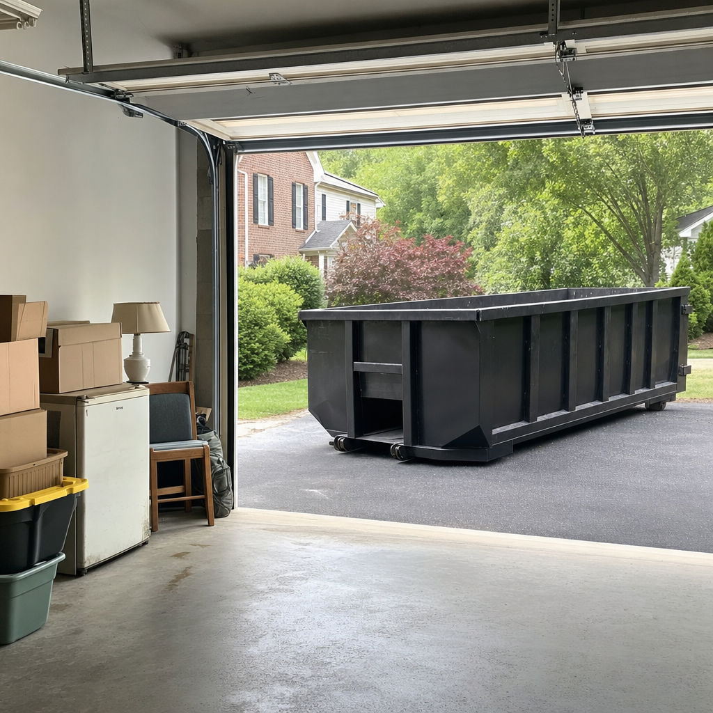 Open garage interior in a Waukegan home mid-cleanout — boxed items, an old appliance, and stacked yard tools queued near the driveway for a matte-black roll-off dumpster, organized and calm