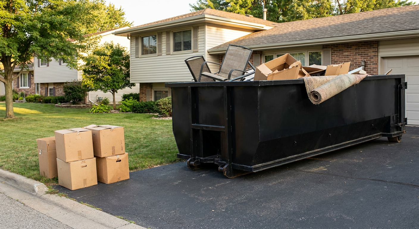 Front-yard view of a Waukegan split-level home with a 20-yard matte-black roll-off dumpster sitting directly on the asphalt driveway, a few clearly labeled donation boxes staged at the curb, calm sunny afternoon.