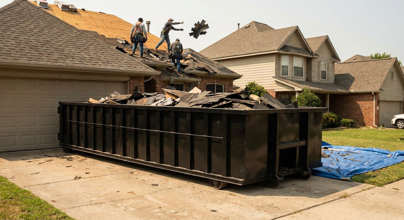 Matte-black roofing roll-off dumpster placed directly on a Waukegan residential concrete driveway, a tear-off crew on a two-story asphalt-shingle roof tossing shingle bundles into the low-walled container, bright daylight, documentary 35mm perspective.