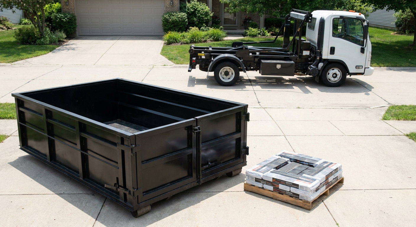 Matte-black 15-yard roofing roll-off dumpster with reinforced low side walls sitting directly on a Waukegan residential concrete driveway, three-tab asphalt shingle bundles stacked nearby, an unmarked white hauler truck partially visible at the edge of the frame.