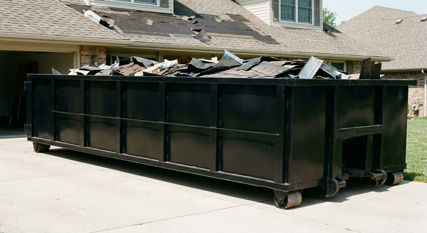Matte-black 20-yard roofing roll-off dumpster with steel ribbed sides and swinging rear door, sitting directly on the concrete driveway of a two-story Waukegan home, asphalt shingle debris being loaded over the low wall, clean documentary lighting.