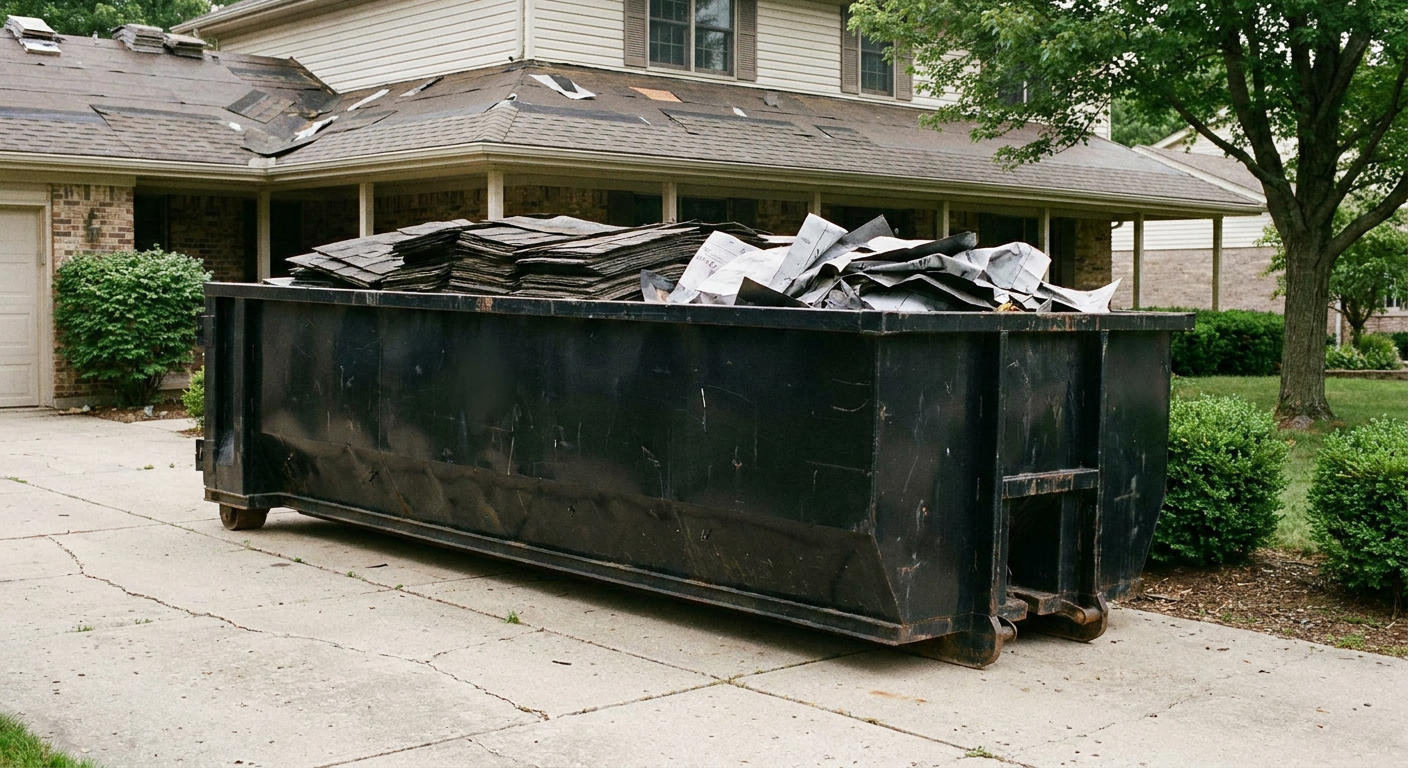 Matte-black 30-yard roofing roll-off dumpster sitting directly on a Waukegan concrete driveway, taller ribbed steel side panels, mixed tear-off debris of asphalt shingles and underlayment inside, professional documentary daylight.