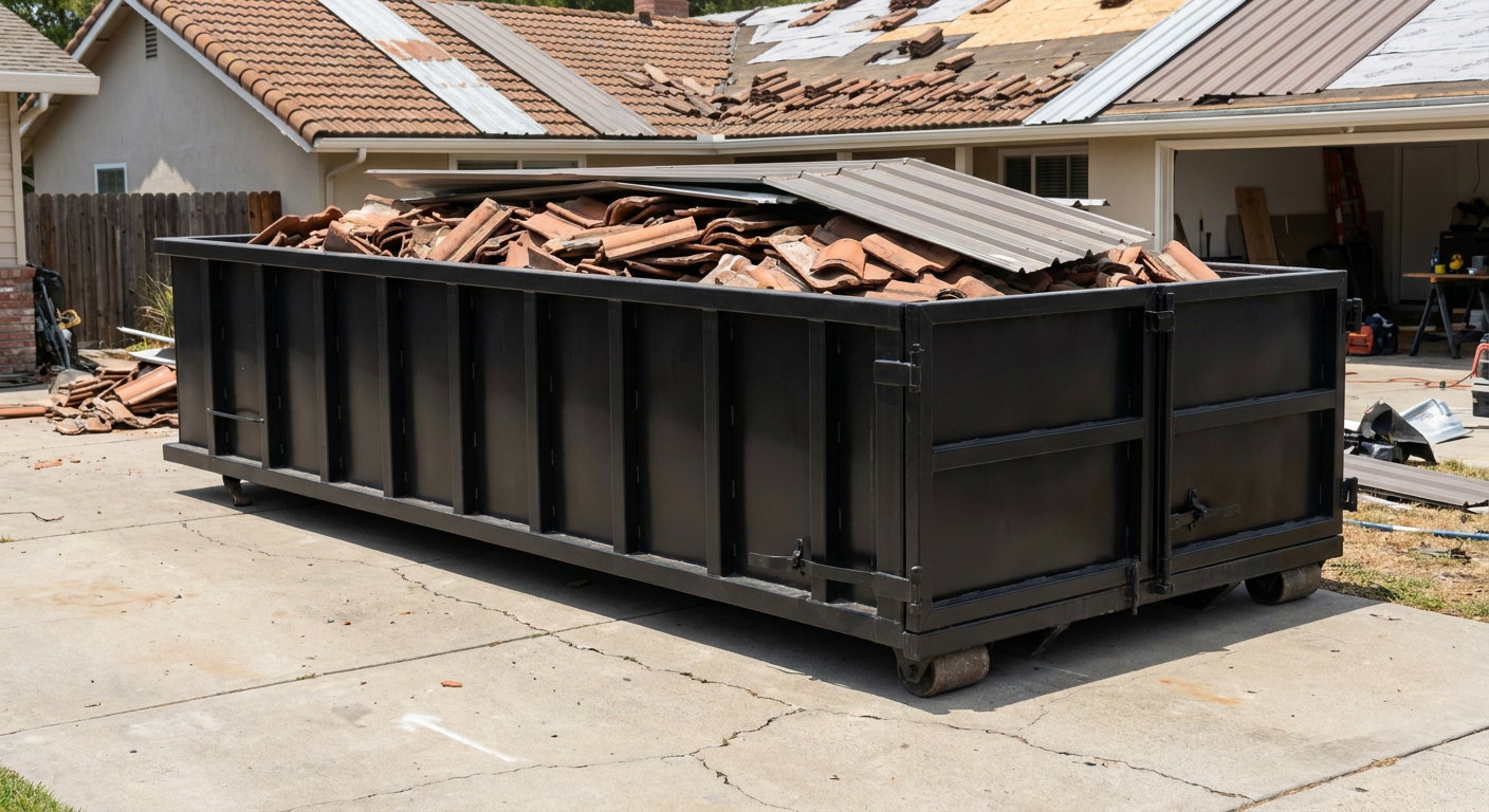 Matte-black low-wall heavy-debris roofing roll-off dumpster sitting directly on a Waukegan concrete driveway, broken concrete clay roof tiles and metal panel sections loaded inside, reinforced ribbed steel side walls visible, bright outdoor daylight.