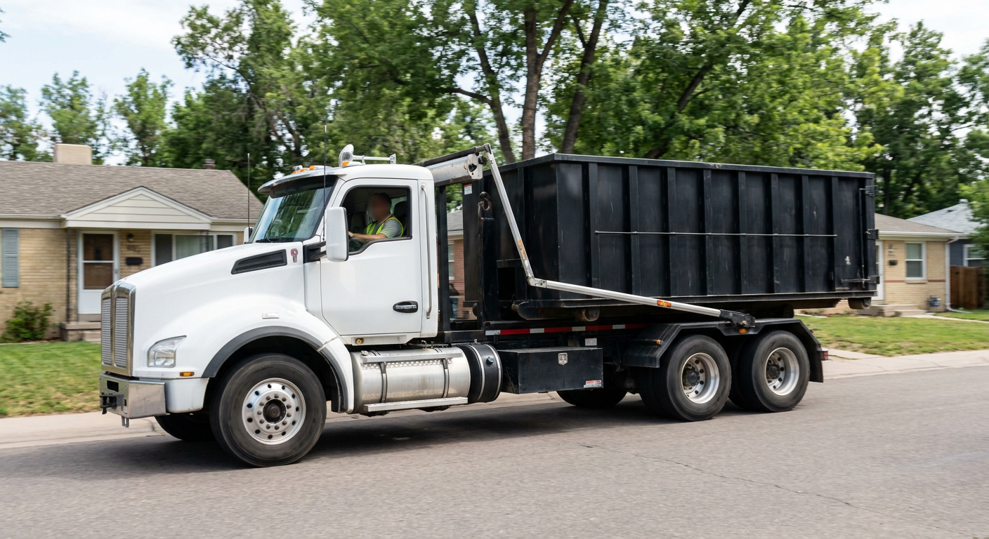 A wide documentary shot of a matte-black roll-off delivery truck pulling onto a quiet Waukegan residential street at mid-morning, with neighborhood rooftops and tree-lined blocks visible behind, showing the metro coverage footprint.