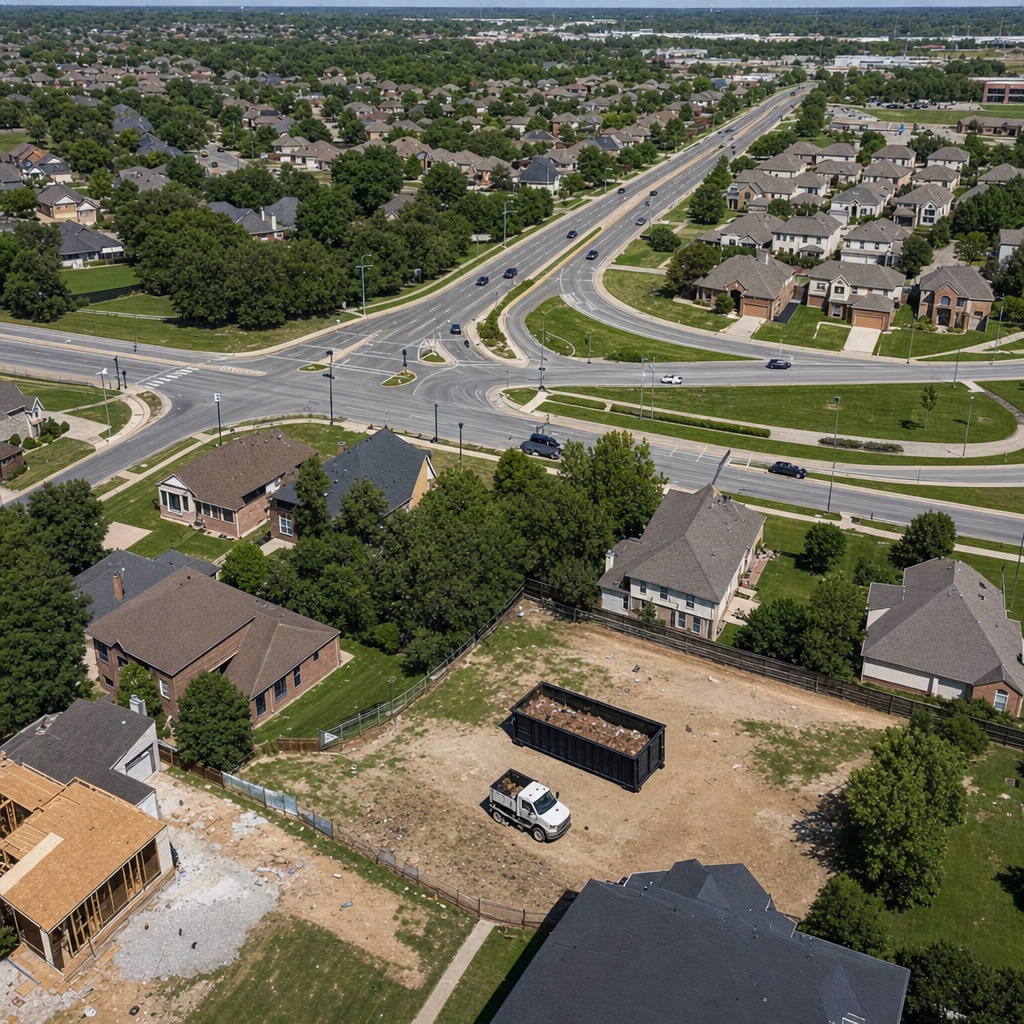 An overhead documentary view of the Waukegan metro area at midday, showing the spread of neighborhoods, arterial roads, and the dispatch radius from a central yard — clean daylight, organized geographic layout.