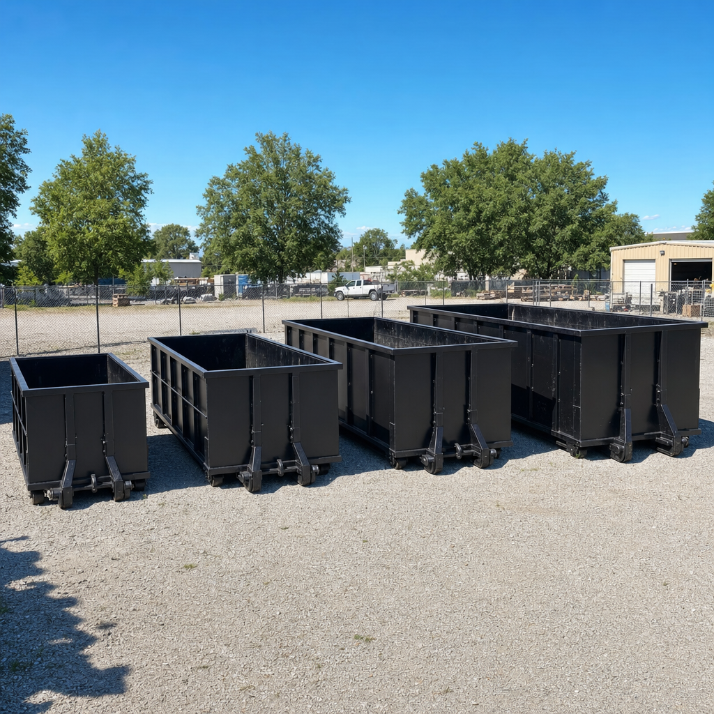 A clean lineup of matte-black roll-off dumpsters in 10, 20, 30, and 40-yard sizes staged on a sunlit gravel yard in Waukegan, showing the size progression from compact to commercial-scale containers.