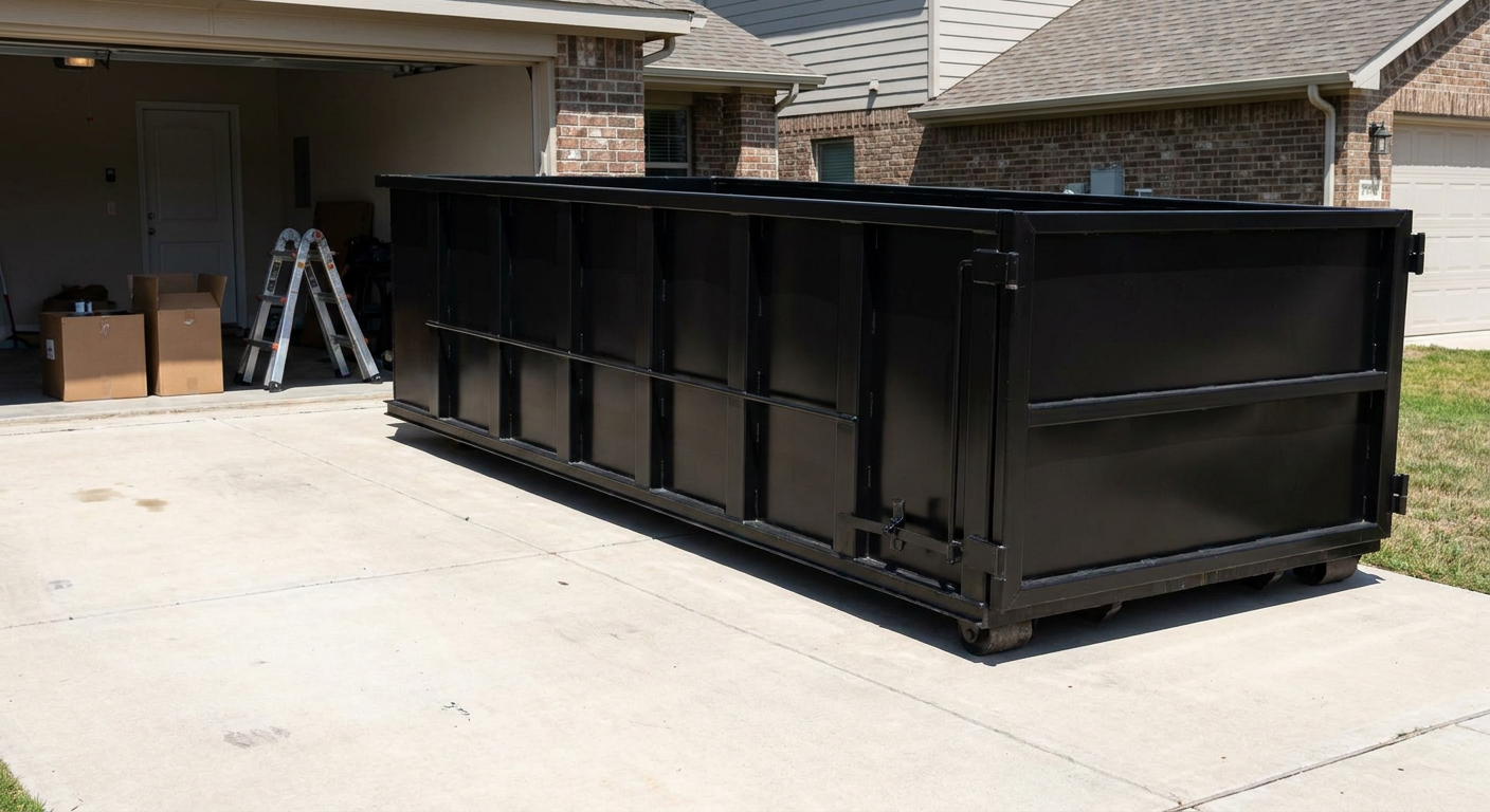 A matte-black 10-yard roll-off dumpster sitting directly on a residential Waukegan concrete driveway, mid-day sunlight, clean and ready for a garage cleanout.