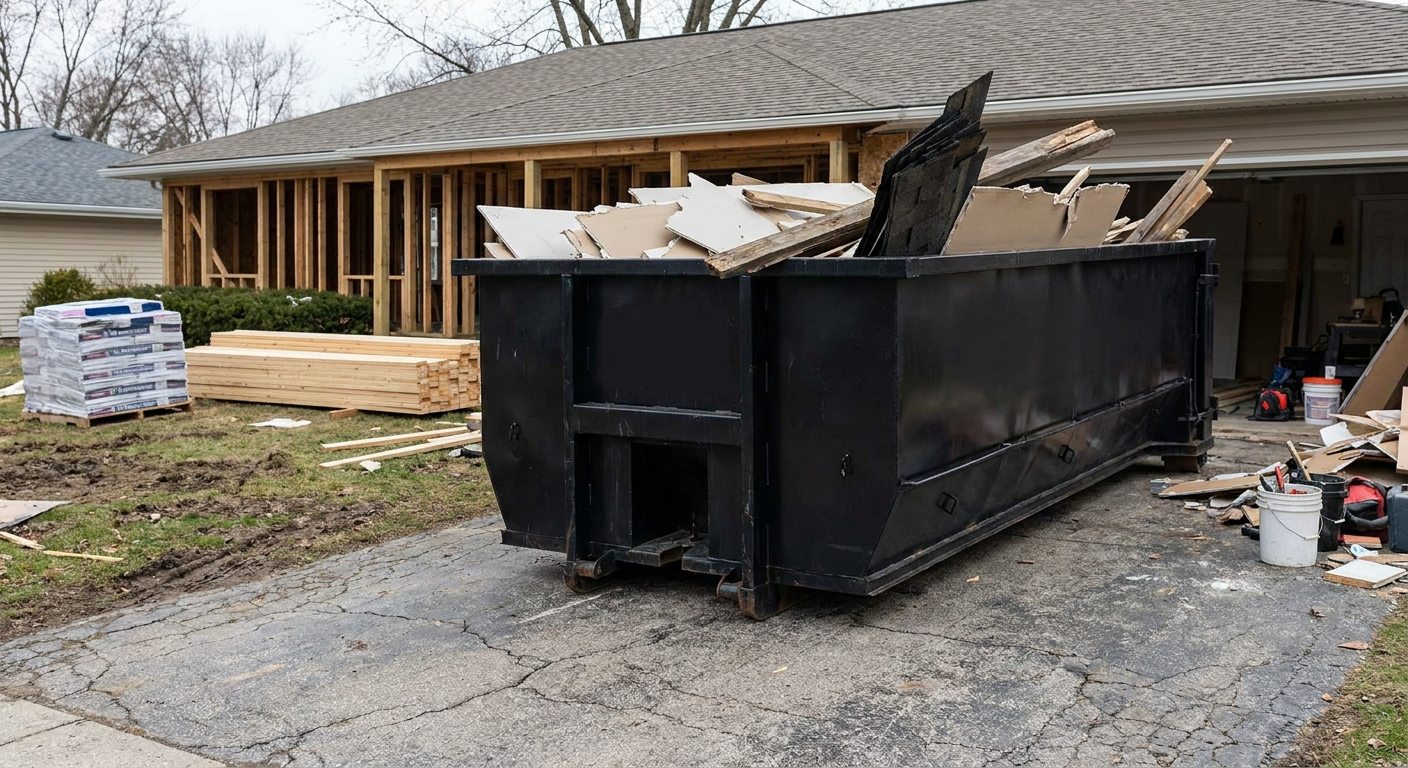 A matte-black 20-yard roll-off dumpster placed alongside a mid-renovation Waukegan home directly on the asphalt driveway, with framing materials and torn-off shingles staged neatly nearby.