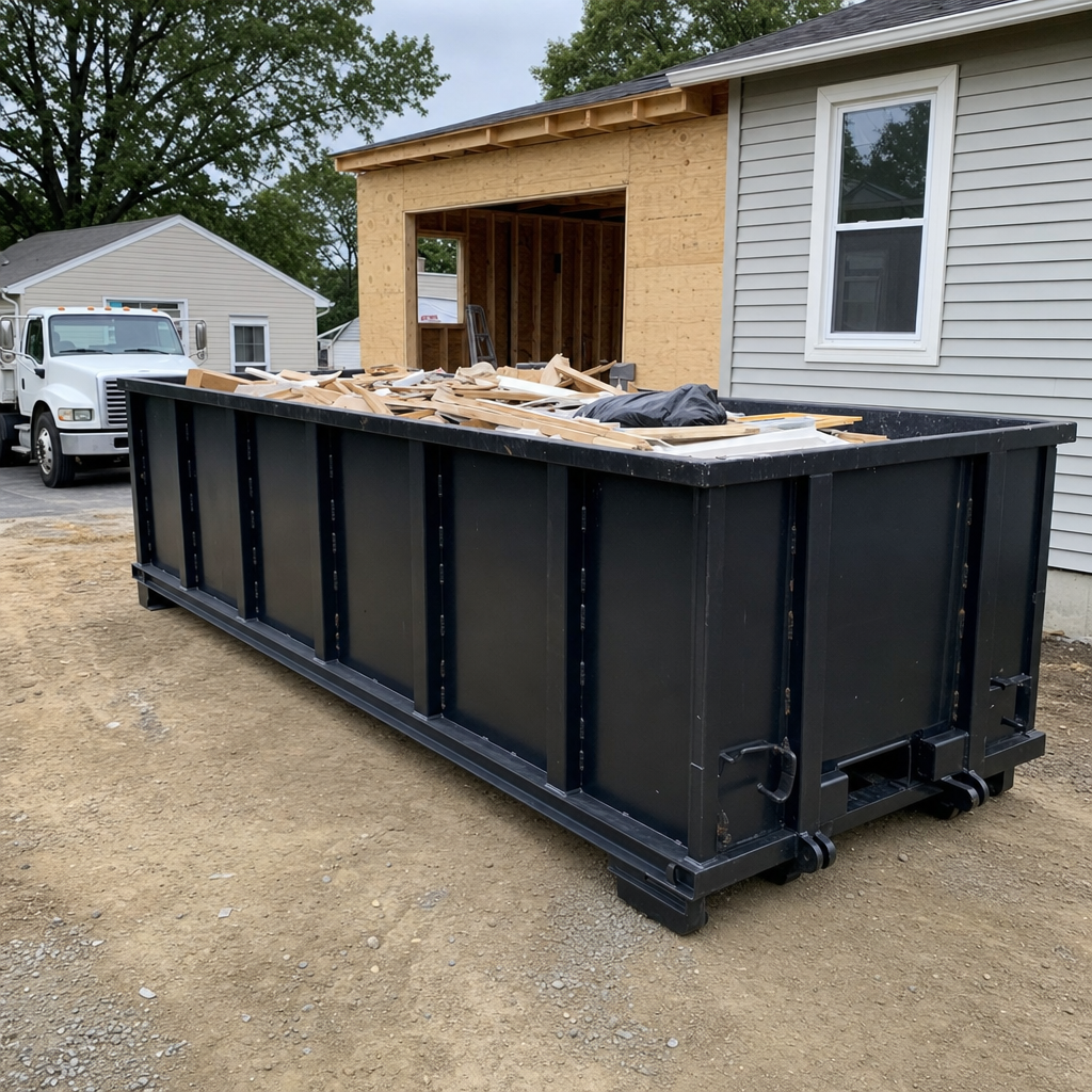 A matte-black 30-yard roll-off dumpster positioned at a Waukegan residential addition jobsite, with framing lumber and drywall scraps loaded through the open swinging rear doors.