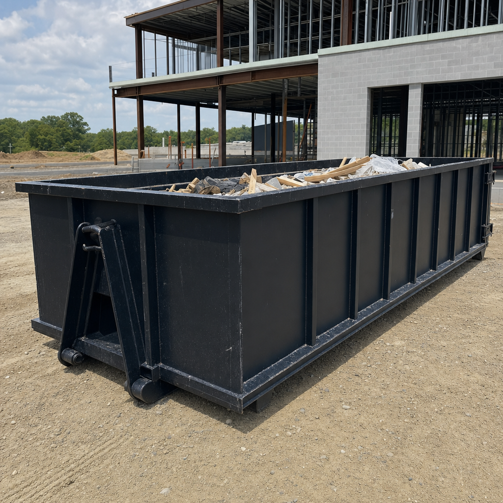 A matte-black 40-yard roll-off dumpster staged on a large Waukegan commercial construction lot, with a hooklift delivery truck parked alongside under bright midday sky.