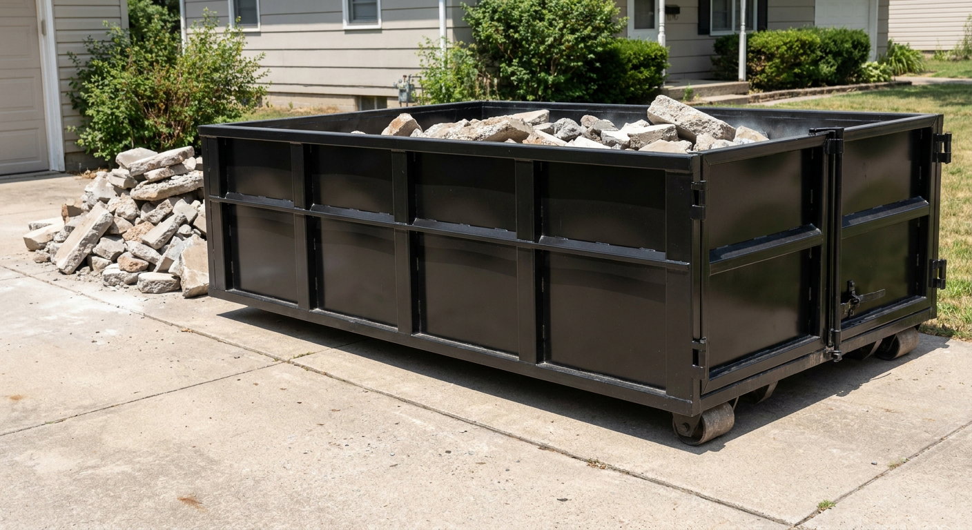 A matte-black low-side heavy-debris roll-off dumpster placed directly on a Waukegan concrete driveway, with broken concrete chunks neatly stacked beside it under clean daylight.